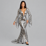 Sequin Maxi Dress with Deep V-Neck and Bell Sleeves for Evening Wear