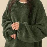 Oversized Round Neck Sweater with Balloon Sleeves and Ribbed Cuff