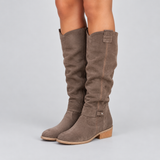 Women's Knee High Boots with Slouchy Shaft and Buckle Strap Detail with Low Block Heel and Side Zipper