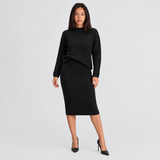 Ribbed Knit Mock Neck Sweater and Midi Skirt Set