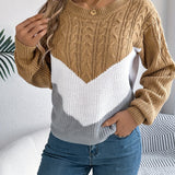 Cable Knit Color Block Sweater with Round Neck and Long Sleeves