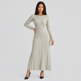 Cable Knit Maxi Sweater Dress with Round Neck and Long Sleeves