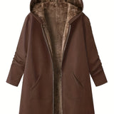 Faux Fur Lined Hooded Jacket with Zip Front and Patch Pockets
