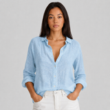 Linen Button-Front Blouse with V-Neck and Long Sleeves