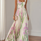 Belted Pleated Maxi Dress with Square Neck and Floral Print