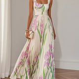 Belted Pleated Maxi Dress with Square Neck and Floral Print