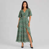 Wrap Maxi Dress with High Slit and Flutter Sleeves