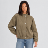 Cropped Snap-Button Jacket with Stand Collar and Long Sleeves