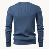 Ribbed Round Neck Half Button Sweater