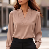 Satin V-Neck Blouse with Long Sleeves and Button Cuff