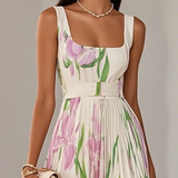 Belted Pleated Maxi Dress with Square Neck and Floral Print