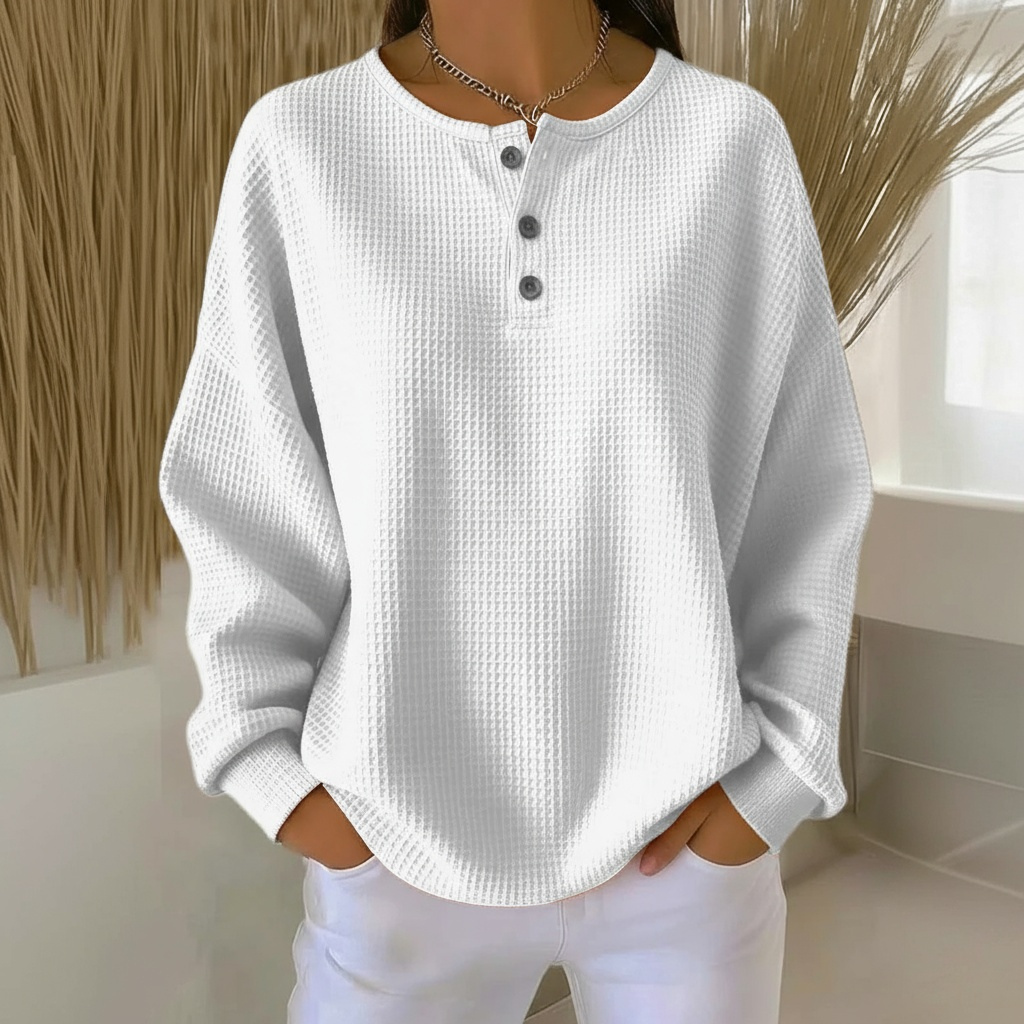 Waffle Knit Sweater with Button Neck Women