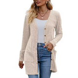 Long Ribbed Knit Cardigan with Patch Pockets and Button Front
