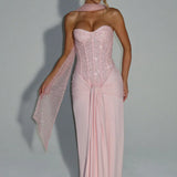 Women's Formal Maxi Dress with Strapless Sweetheart Neckline and Embellished Bodice for Evening Wear