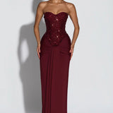 Women's Formal Maxi Dress with Strapless Sweetheart Neckline and Embellished Bodice for Evening Wear
