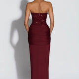 Women's Formal Maxi Dress with Strapless Sweetheart Neckline and Embellished Bodice for Evening Wear