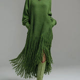 Women's Turtleneck Knit Maxi Dress with Long Fringe Hem and Long Sleeves