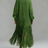 Women's Turtleneck Knit Maxi Dress with Long Fringe Hem and Long Sleeves