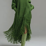 Women's Turtleneck Knit Maxi Dress with Long Fringe Hem and Long Sleeves
