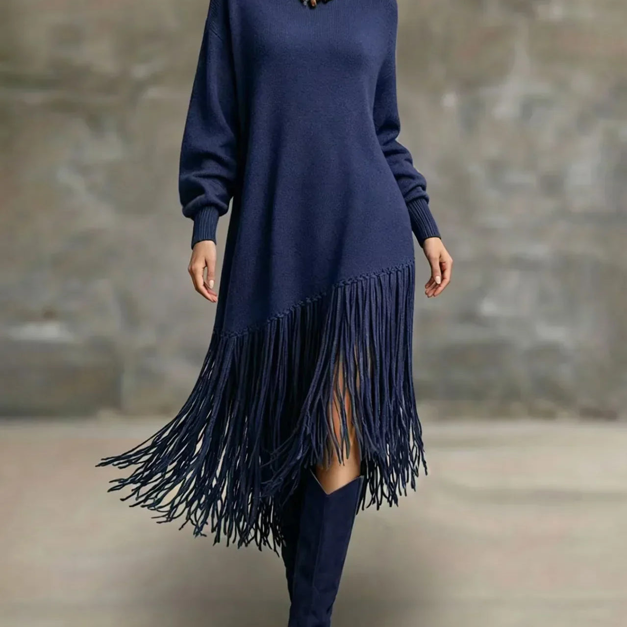 Women's Turtleneck Knit Maxi Dress with Long Fringe Hem and Long Sleeves
