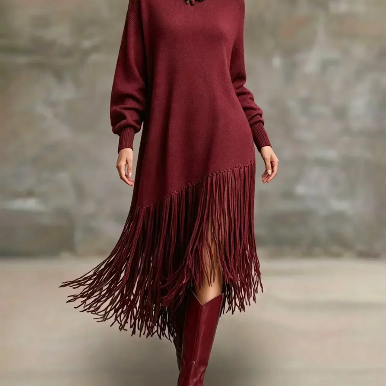 Women's Turtleneck Knit Maxi Dress with Long Fringe Hem and Long Sleeves