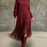 Women's Turtleneck Knit Maxi Dress with Long Fringe Hem and Long Sleeves