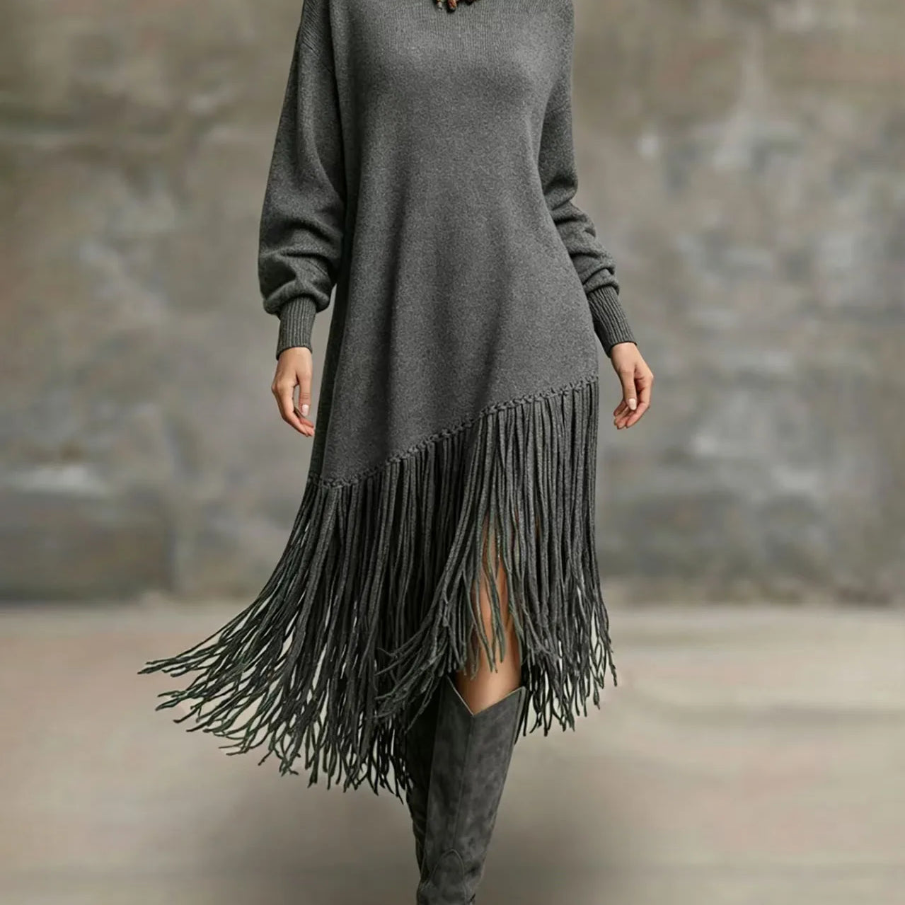 Women's Turtleneck Knit Maxi Dress with Long Fringe Hem and Long Sleeves