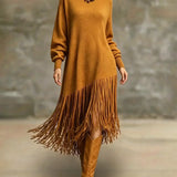 Women's Turtleneck Knit Maxi Dress with Long Fringe Hem and Long Sleeves