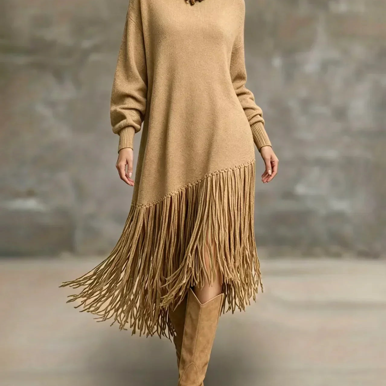Women's Turtleneck Knit Maxi Dress with Long Fringe Hem and Long Sleeves