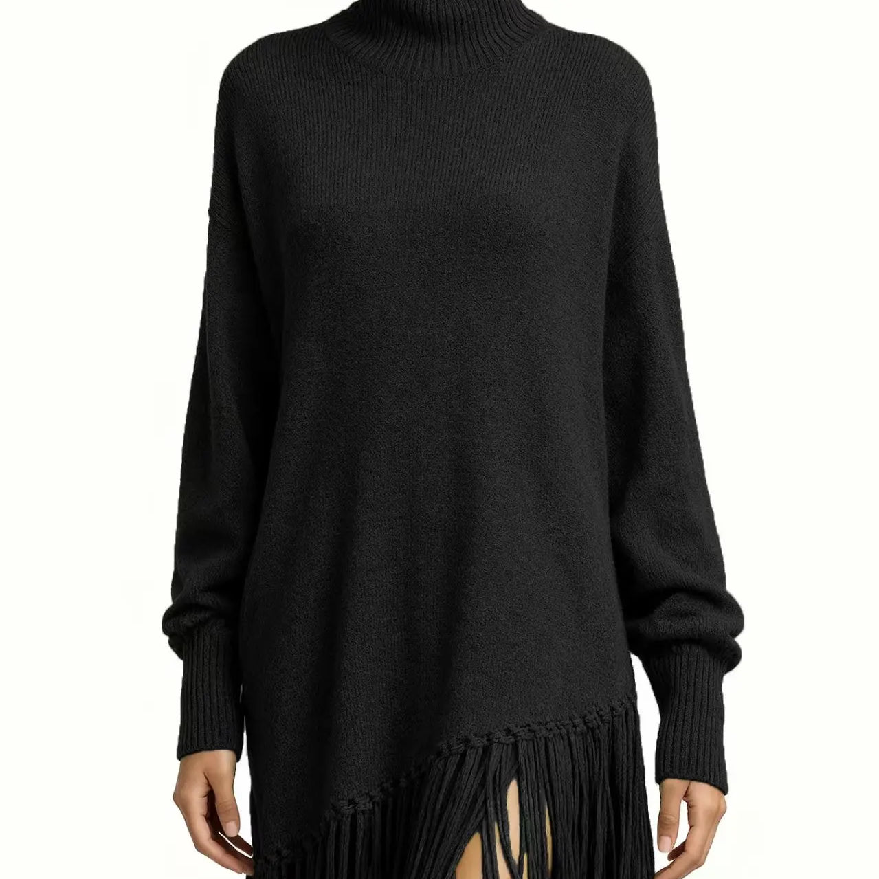 Women's Turtleneck Knit Maxi Dress with Long Fringe Hem and Long Sleeves