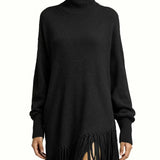 Women's Turtleneck Knit Maxi Dress with Long Fringe Hem and Long Sleeves
