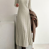 Cable Knit Maxi Sweater Dress with Round Neck and Long Sleeves