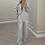 Women's Suit Set with Single Button Blazer and Wide Leg Pants