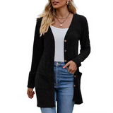 Long Ribbed Knit Cardigan with Patch Pockets and Button Front