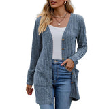 Long Ribbed Knit Cardigan with Patch Pockets and Button Front