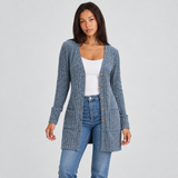 Long Ribbed Knit Cardigan with Patch Pockets and Button Front