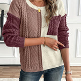 Cable Knit Color Block Sweater with Chest Pocket and Round Neck