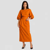 Puff Sleeve Midi Dress with Boat Neck and High Waist