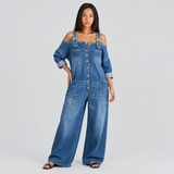 Wide-Leg Denim Jumpsuit with Buckle Straps and Button Front