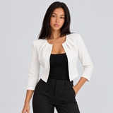 Women's Cropped Blazer with Pleated Neckline for Office Wear