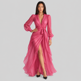 Wrap Maxi Dress with Thigh Slit and Puff Sleeves