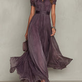 Pleated A-Line Maxi Dress with High Neck and Puff Sleeves