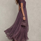 Pleated A-Line Maxi Dress with High Neck and Puff Sleeves
