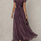 Pleated A-Line Maxi Dress with High Neck and Puff Sleeves