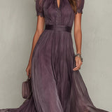 Pleated A-Line Maxi Dress with High Neck and Puff Sleeves
