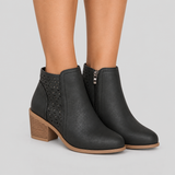 Laser Cut Ankle Boots with Side Zipper and Block Heel