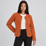 Sherpa Button-Front Jacket with Round Neck and Side Pockets