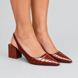 Croc Embossed Slingback Pumps with Block Heel and Pointed Toe