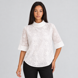 Floral Embroidered Top with Mock Neck and Half Sleeves
