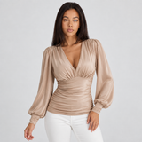Wrap V-Neck Blouse with Ruched Waist and Balloon Sleeve